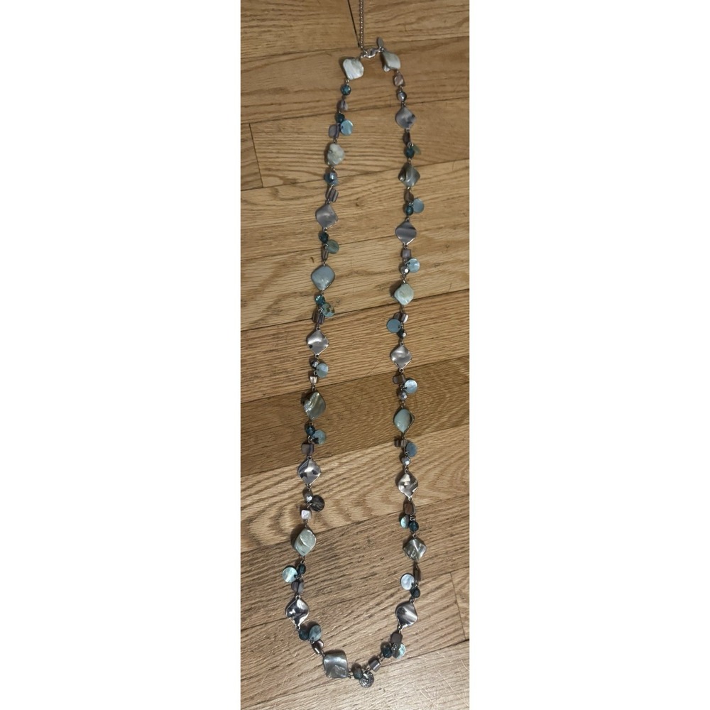 Lia Sophia Signed Statement Beaded Necklace Shell & Blue Glass, Lobster Clasp